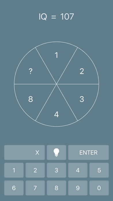 Math Riddles iOS 游戏截图：在圆形分区中的数字之间寻找规律，推理缺失的数值。