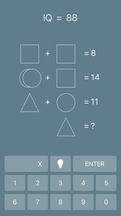 Math Riddles iOS 游戏截图：由正方形、圆形和三角形组成的方程，以及数字键盘。