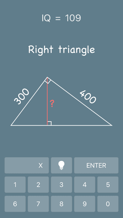 Math Riddles iOS 游戏截图：结合直角三角形中的数字，推理缺失的数值。
