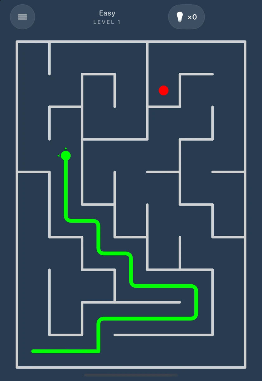 Maze Classic gameplay: a green trail winds through the maze toward the red exit